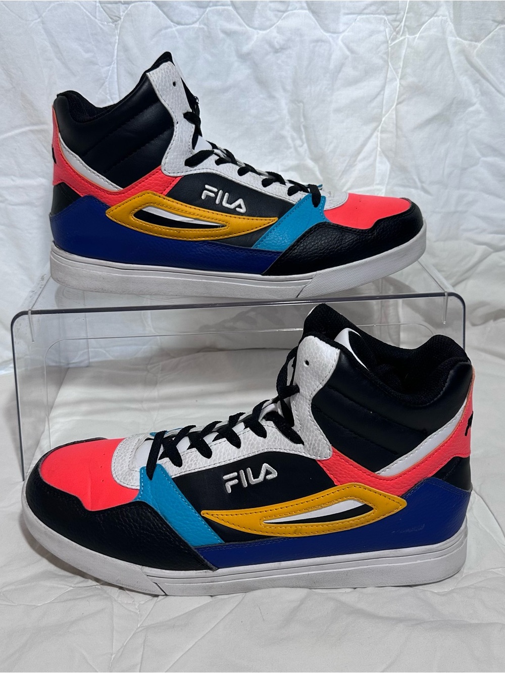 Fila mens everge High-Top Sneakers in Black, Pink, Blue & Yellow